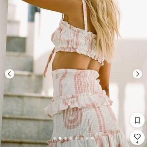 Sabo Skirt Vivi Pink White‎ Linen Cotton Blend Smocked Ruffle Pull On Skirt M